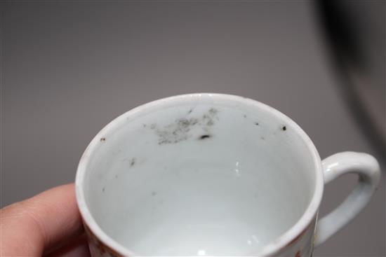 Four 18th century Chinese famille rose polychrome coffee cups, Qianlong period, and a blue and white saucer dish, 11.5cm